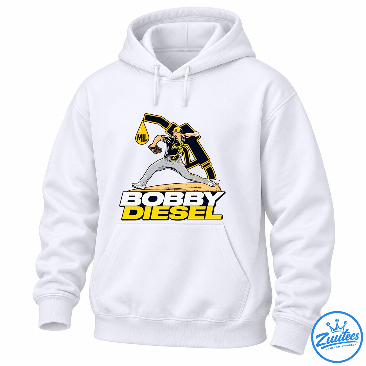 Bobby Diesel baseball graphic featuring a pitcher in a navy and gold uniform, an MIL oil drop, and bold white and yellow lettering Bobby Diesel baseball graphic featuring a pitcher in a navy and gold uniform, an MIL oil drop, and bold white and yellow lettering