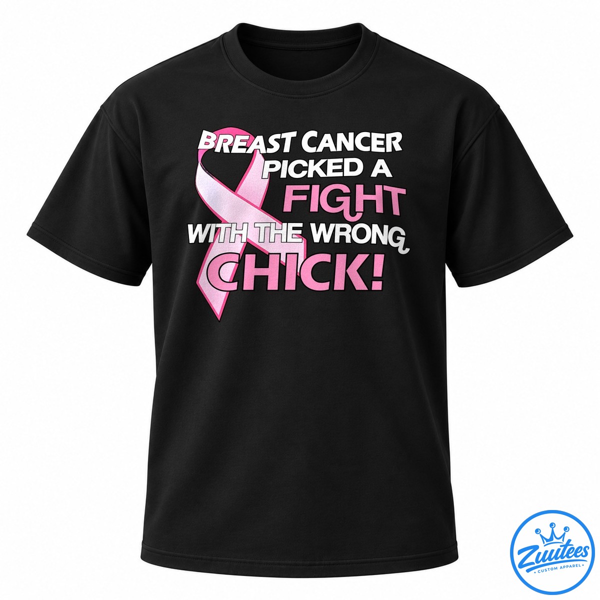 Breast Cancer Picked A Fight With The Wrong Chick Shirt Breast cancer awareness shirt design with a large pink ribbon and bold text saying breast cancer picked a fight with the wrong chick.