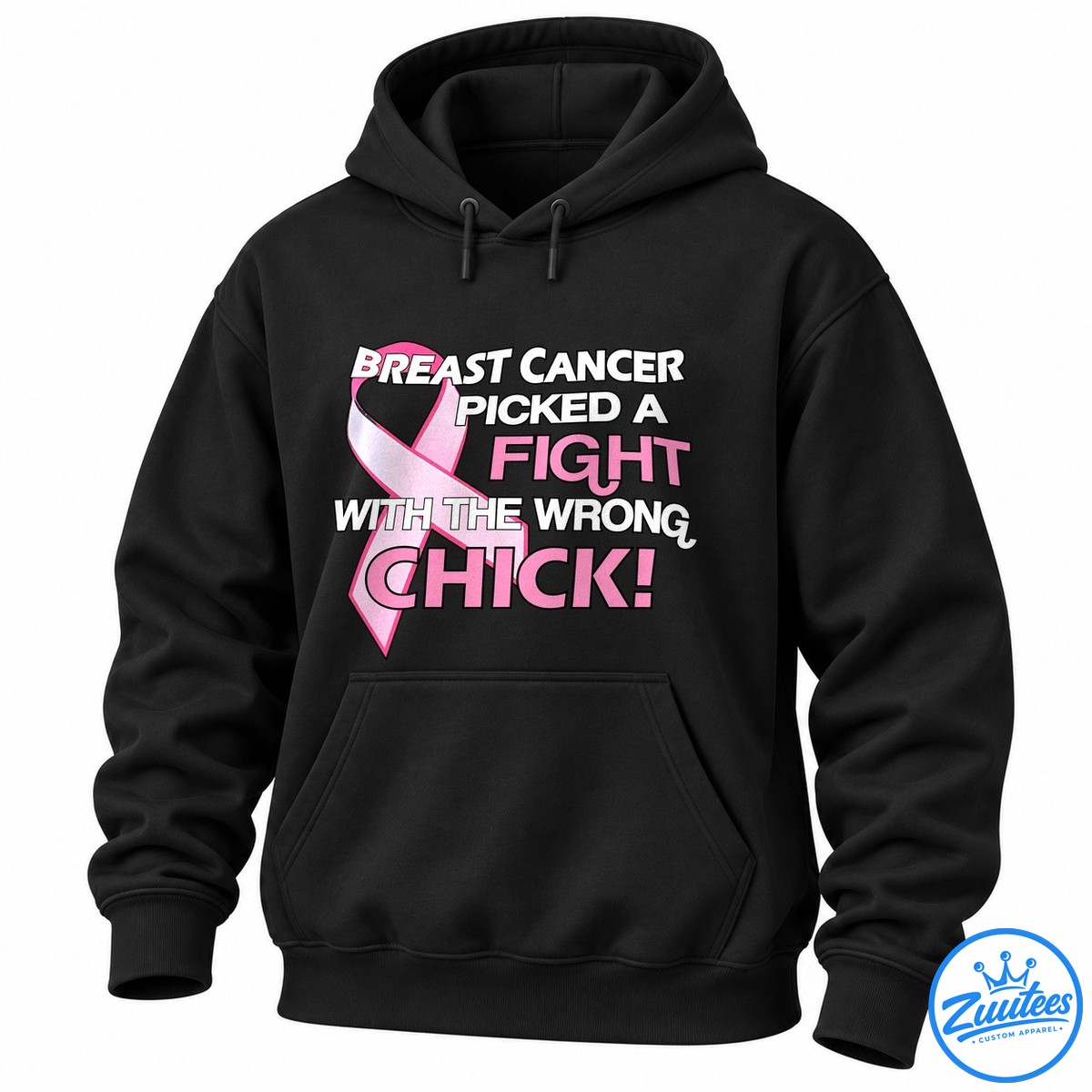 Breast Cancer Picked A Fight With The Wrong Chick Shirt Breast cancer awareness shirt design with a large pink ribbon and bold text saying breast cancer picked a fight with the wrong chick.