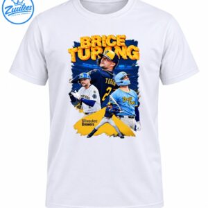 Brice Turang baseball graphic with cheese-textured lettering, multiple player poses, and navy, blue, white, and gold artwork
