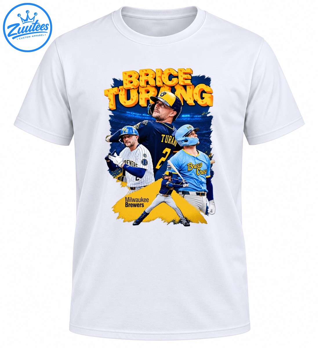 Brice Turang baseball graphic with cheese textured lettering, multiple player poses, and navy, blue, white, and gold artwork Brice Turang baseball graphic with cheese-textured lettering, multiple player poses, and navy, blue, white, and gold artwork