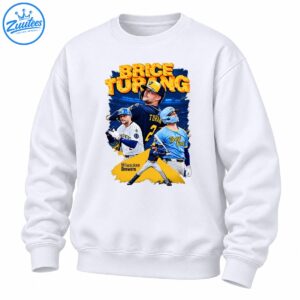 Brice Turang baseball graphic with cheese-textured lettering, multiple player poses, and navy, blue, white, and gold artwork