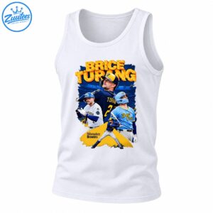 Brice Turang baseball graphic with cheese-textured lettering, multiple player poses, and navy, blue, white, and gold artwork