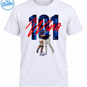 Brewers 101 Wins shirt design with oversized blue numbers, red script lettering, two embracing baseball players, and Brewers text.