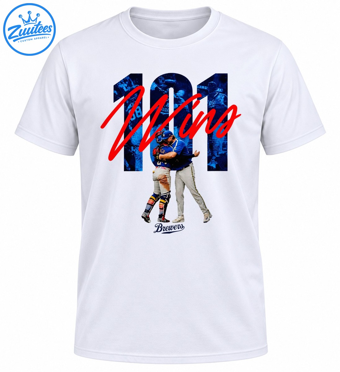 Brewers 101 Wins shirt design with oversized blue numbers, red script lettering, two embracing baseball players, and Brewers text. Brewers 101 Wins shirt design with oversized blue numbers, red script lettering, two embracing baseball players, and Brewers text.