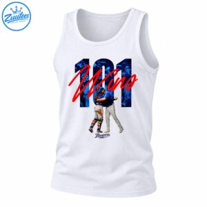 Brewers 101 Wins shirt design with oversized blue numbers, red script lettering, two embracing baseball players, and Brewers text.
