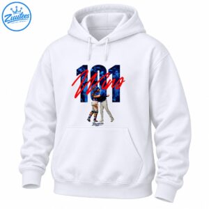 Brewers 101 Wins shirt design with oversized blue numbers, red script lettering, two embracing baseball players, and Brewers text.