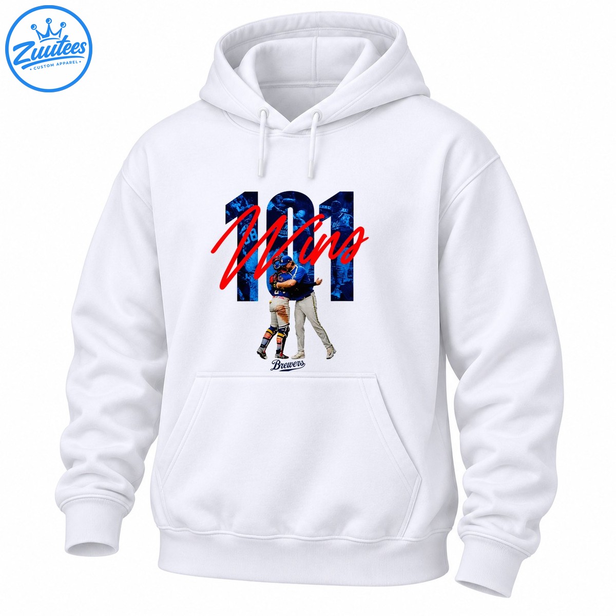 Brewers 101 Wins shirt design with oversized blue numbers, red script lettering, two embracing baseball players, and Brewers text. Brewers 101 Wins shirt design with oversized blue numbers, red script lettering, two embracing baseball players, and Brewers text.