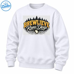 Brewlieve Runs Deep graphic with golden varsity lettering, evergreen trees, and Wisconsin state silhouette surrounded by roots