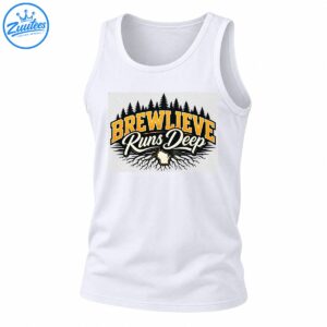 Brewlieve Runs Deep graphic with golden varsity lettering, evergreen trees, and Wisconsin state silhouette surrounded by roots