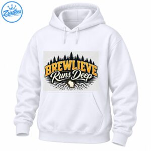 Brewlieve Runs Deep graphic with golden varsity lettering, evergreen trees, and Wisconsin state silhouette surrounded by roots
