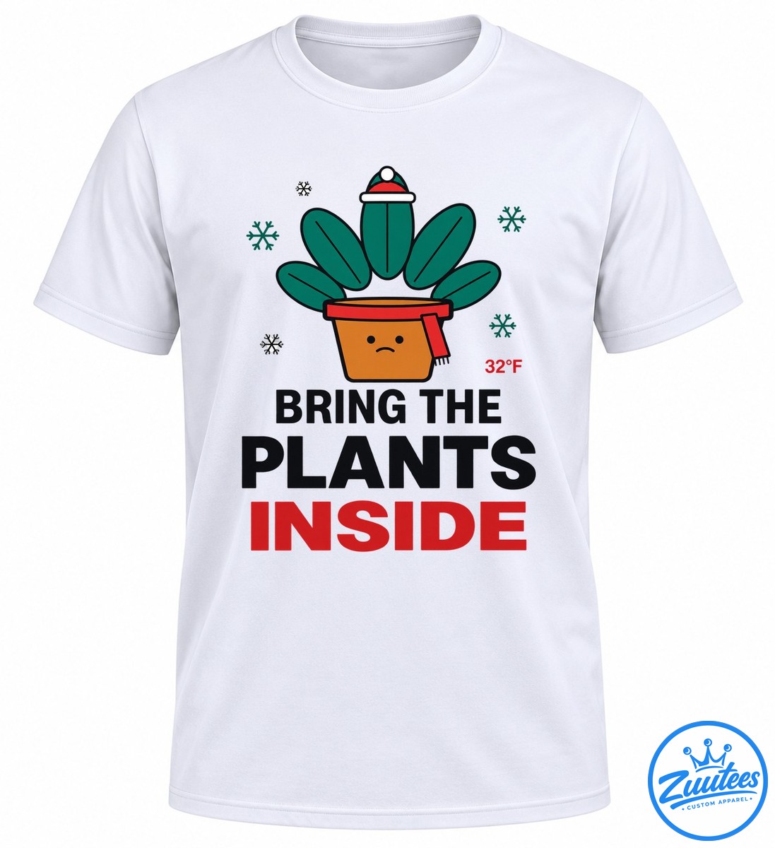 Funny plant lover shirt design with a sad potted plant wearing a Santa hat and red scarf, snowflakes, 32°F, and Bring the Plants Inside text. Funny plant lover shirt design with a sad potted plant wearing a Santa hat and red scarf, snowflakes, 32°F, and Bring the Plants Inside text.