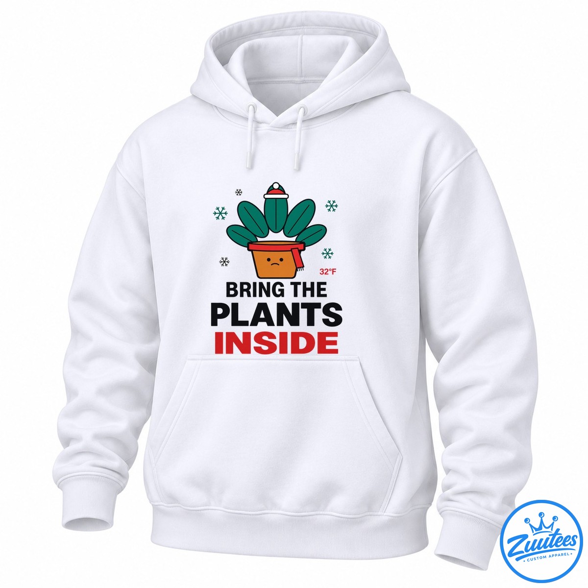 Funny plant lover shirt design with a sad potted plant wearing a Santa hat and red scarf, snowflakes, 32°F, and Bring the Plants Inside text. Funny plant lover shirt design with a sad potted plant wearing a Santa hat and red scarf, snowflakes, 32°F, and Bring the Plants Inside text.