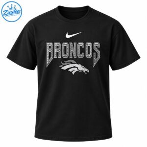 Broncos shirt design with ornate white lettering, silver horse head, black outlines, and a white swoosh