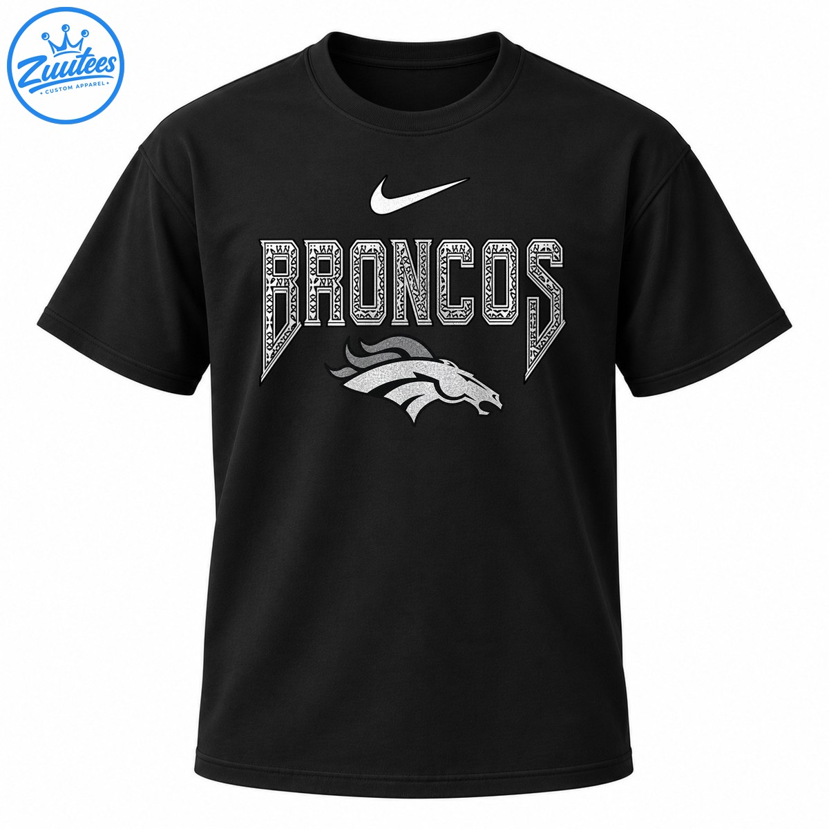 Broncos shirt design with ornate white lettering, silver horse head, black outlines, and a white swoosh Broncos shirt design with ornate white lettering, silver horse head, black outlines, and a white swoosh