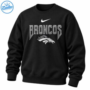 Broncos shirt design with ornate white lettering, silver horse head, black outlines, and a white swoosh