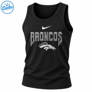 Broncos shirt design with ornate white lettering, silver horse head, black outlines, and a white swoosh