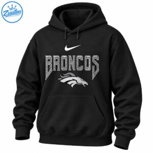 Broncos shirt design with ornate white lettering, silver horse head, black outlines, and a white swoosh