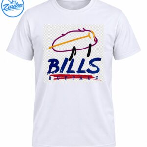 Buffalo football graphic with a purple buffalo outline, gold stripe, black accents, bold blue BILLS lettering, and red underline.