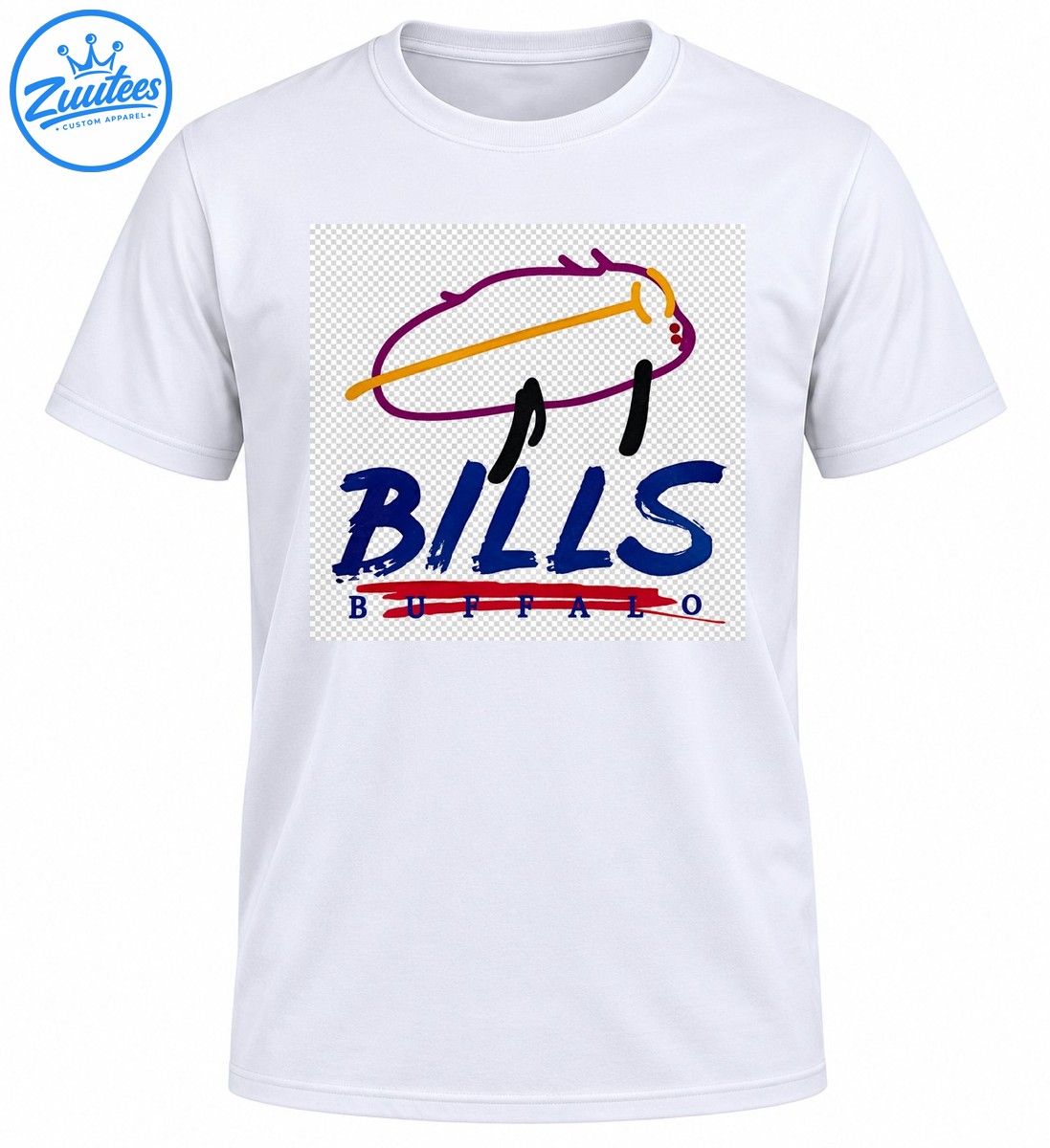 Buffalo football graphic with a purple buffalo outline, gold stripe, black accents, bold blue BILLS lettering, and red underline. Buffalo football graphic with a purple buffalo outline, gold stripe, black accents, bold blue BILLS lettering, and red underline.