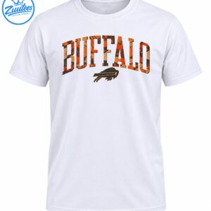 Buffalo fall shirt design with orange and brown camouflage varsity lettering and distressed charging buffalo logo