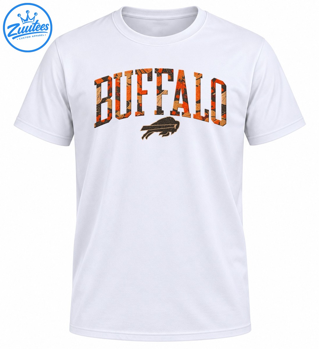 Buffalo fall shirt design with orange and brown camouflage varsity lettering and distressed charging buffalo logo Buffalo fall shirt design with orange and brown camouflage varsity lettering and distressed charging buffalo logo