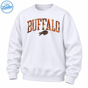 Buffalo fall shirt design with orange and brown camouflage varsity lettering and distressed charging buffalo logo