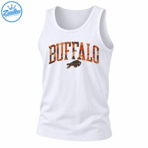 Buffalo fall shirt design with orange and brown camouflage varsity lettering and distressed charging buffalo logo