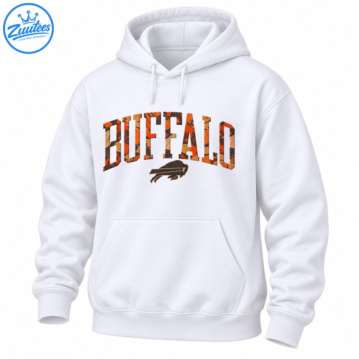 Buffalo fall shirt design with orange and brown camouflage varsity lettering and distressed charging buffalo logo Buffalo fall shirt design with orange and brown camouflage varsity lettering and distressed charging buffalo logo