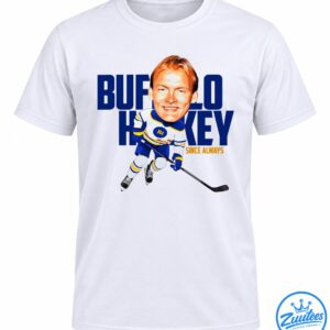 Hockey player graphic with red hair, blue white and gold uniform, hockey stick, and bold blue lettering