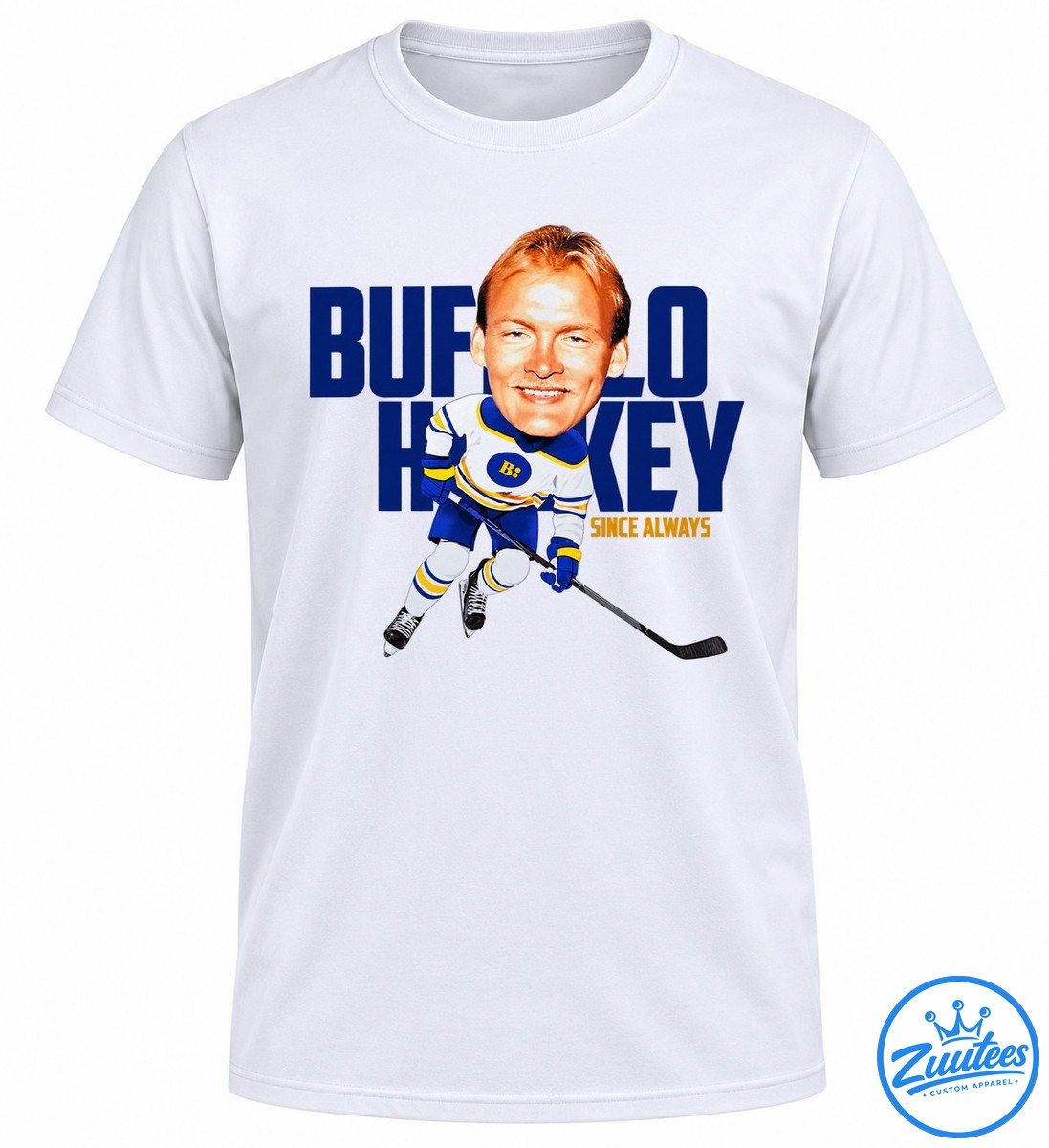 Buffalo Sabres Hockey Since Always Nhl Shirt Hockey player graphic with red hair, blue white and gold uniform, hockey stick, and bold blue lettering