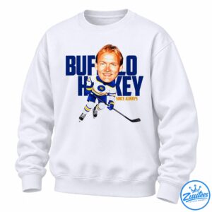 Hockey player graphic with red hair, blue white and gold uniform, hockey stick, and bold blue lettering