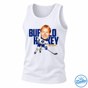 Hockey player graphic with red hair, blue white and gold uniform, hockey stick, and bold blue lettering