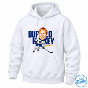Hockey player graphic with red hair, blue white and gold uniform, hockey stick, and bold blue lettering