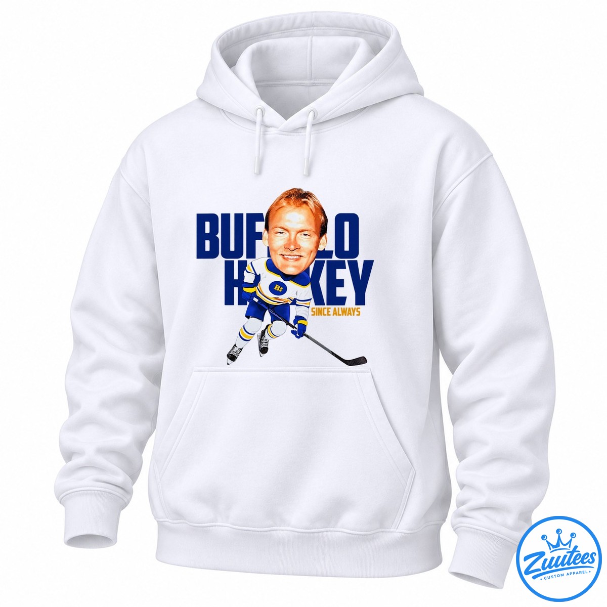 Buffalo Sabres Hockey Since Always Nhl Shirt Hockey player graphic with red hair, blue white and gold uniform, hockey stick, and bold blue lettering