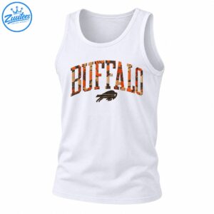 Vintage BUFFALO collegiate wordmark in orange tan and black camo with distressed charging buffalo silhouette