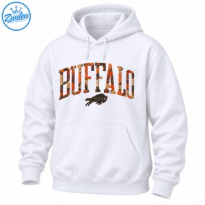 Vintage BUFFALO collegiate wordmark in orange tan and black camo with distressed charging buffalo silhouette
