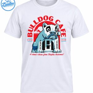Vintage Bulldog Cafe graphic with a blue and white cartoon bulldog, red lettering, ESTD 1928, and retro storefront signs