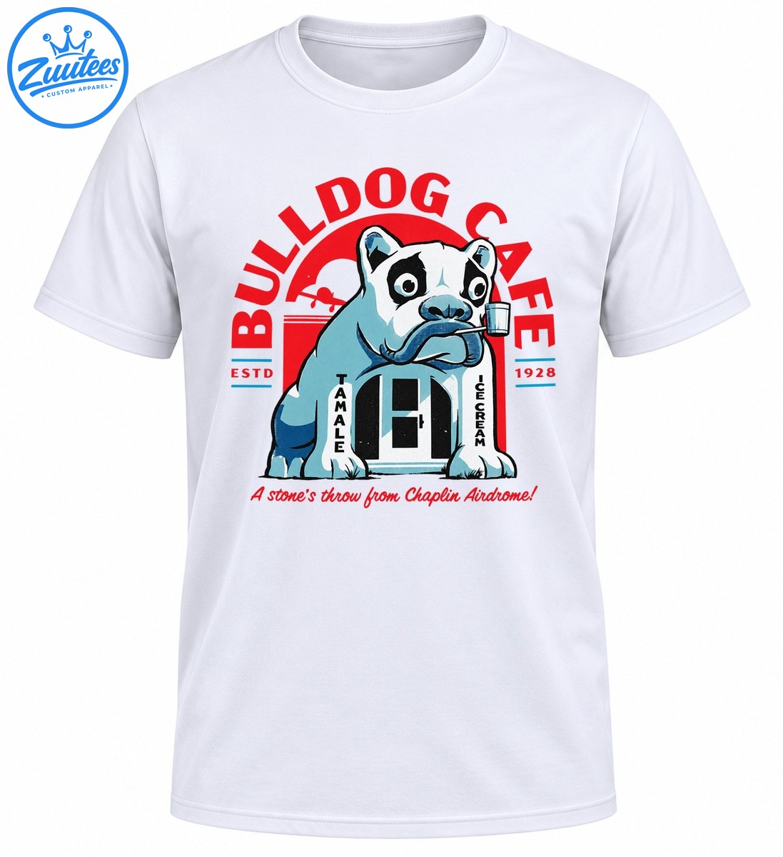 Vintage Bulldog Cafe graphic with a blue and white cartoon bulldog, red lettering, ESTD 1928, and retro storefront signs Vintage Bulldog Cafe graphic with a blue and white cartoon bulldog, red lettering, ESTD 1928, and retro storefront signs