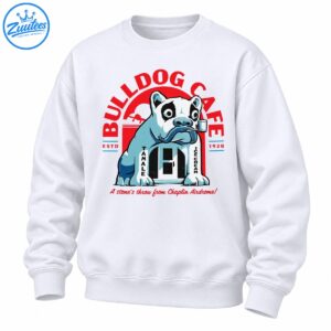 Vintage Bulldog Cafe graphic with a blue and white cartoon bulldog, red lettering, ESTD 1928, and retro storefront signs