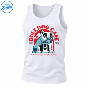 Vintage Bulldog Cafe graphic with a blue and white cartoon bulldog, red lettering, ESTD 1928, and retro storefront signs