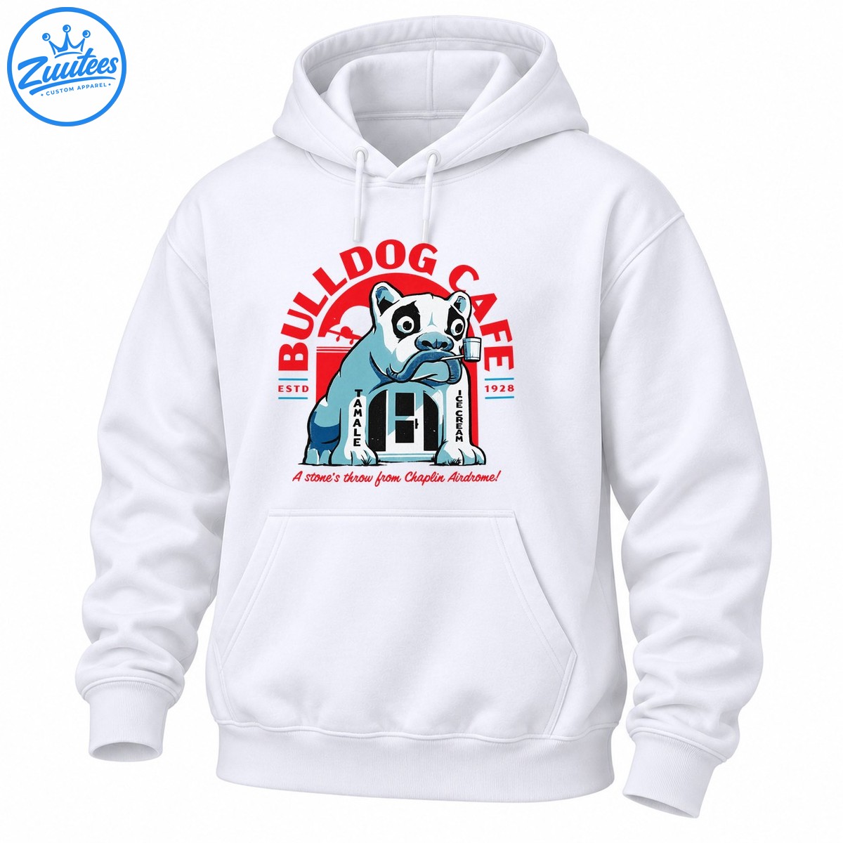 Vintage Bulldog Cafe graphic with a blue and white cartoon bulldog, red lettering, ESTD 1928, and retro storefront signs Vintage Bulldog Cafe graphic with a blue and white cartoon bulldog, red lettering, ESTD 1928, and retro storefront signs