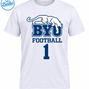 Blue and white cougar graphic above BYU Football lettering and a large number 1