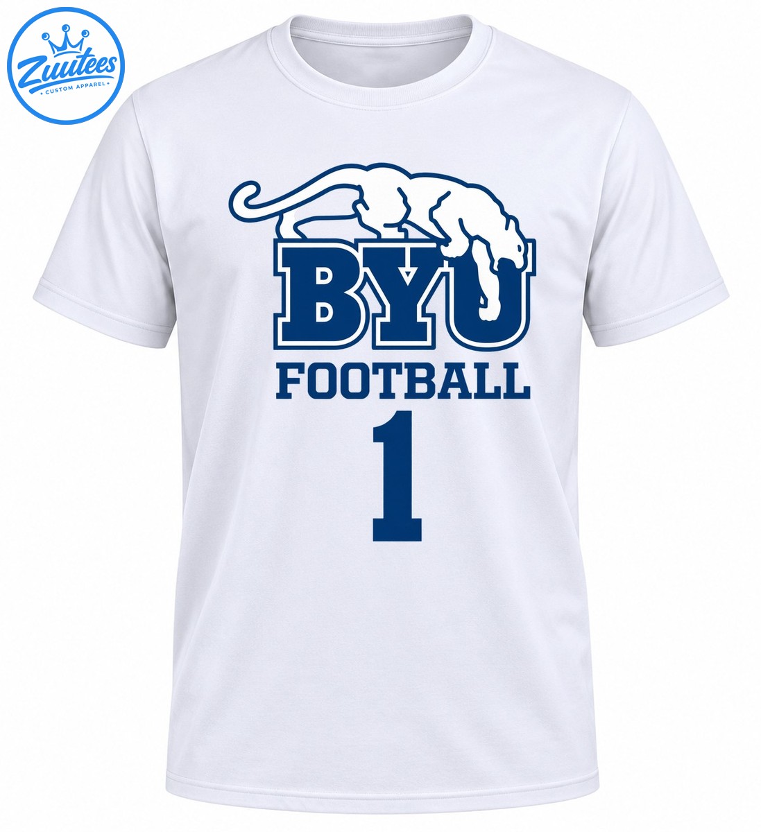Blue and white cougar graphic above BYU Football lettering and a large number 1 Blue and white cougar graphic above BYU Football lettering and a large number 1
