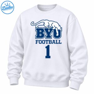 Blue and white cougar graphic above BYU Football lettering and a large number 1
