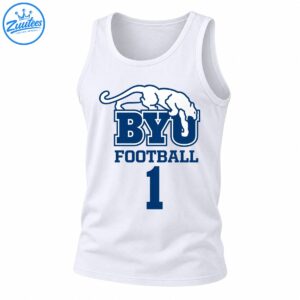 Blue and white cougar graphic above BYU Football lettering and a large number 1
