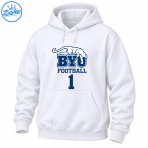 Blue and white cougar graphic above BYU Football lettering and a large number 1