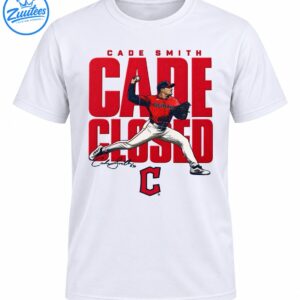 Cade Smith pitching in red Cleveland jersey over bold red CADE CLOSED lettering with Cleveland C baseball emblem