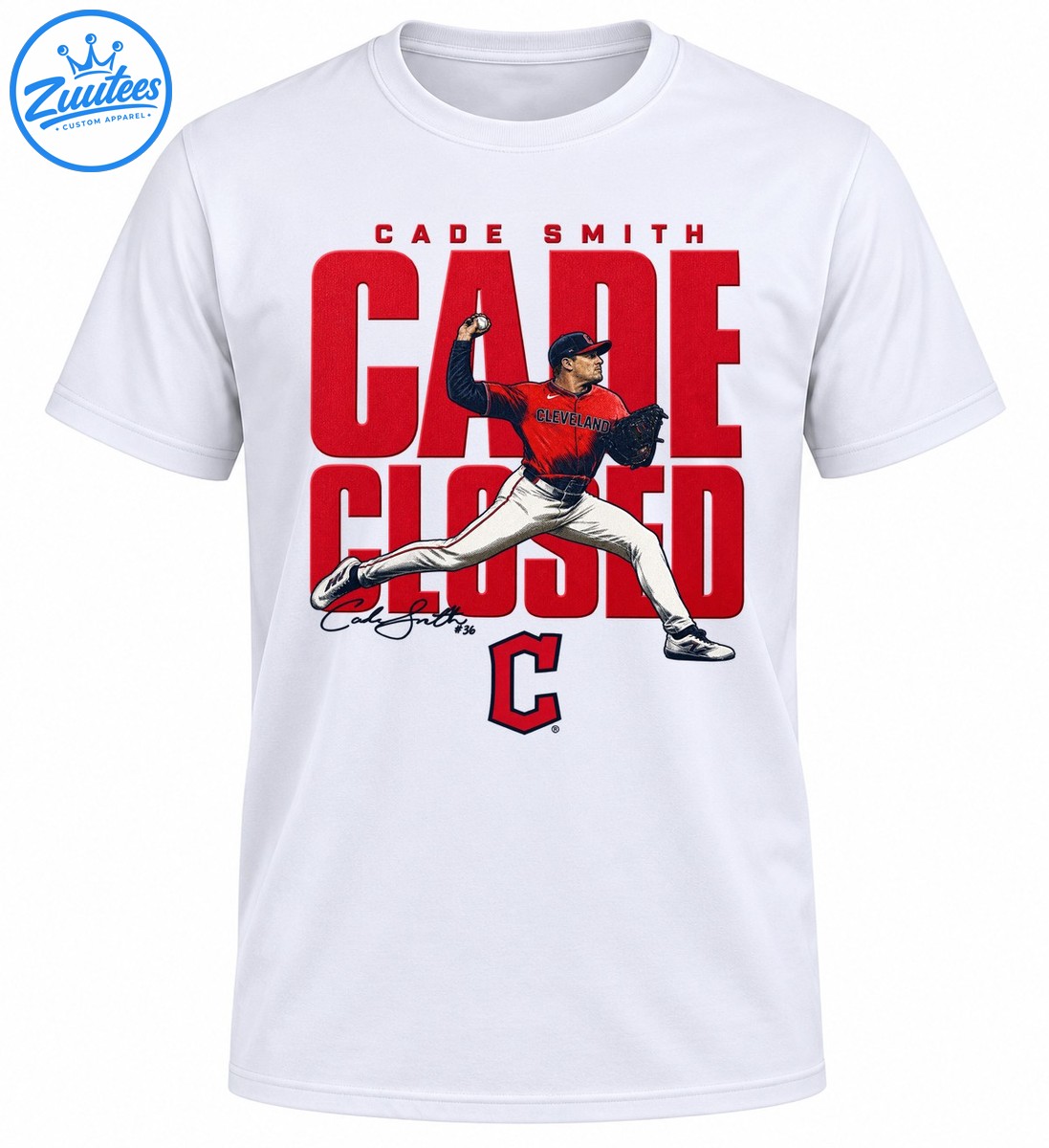 Cade Smith pitching in red Cleveland jersey over bold red CADE CLOSED lettering with Cleveland C baseball emblem Cade Smith pitching in red Cleveland jersey over bold red CADE CLOSED lettering with Cleveland C baseball emblem
