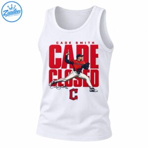 Cade Smith pitching in red Cleveland jersey over bold red CADE CLOSED lettering with Cleveland C baseball emblem